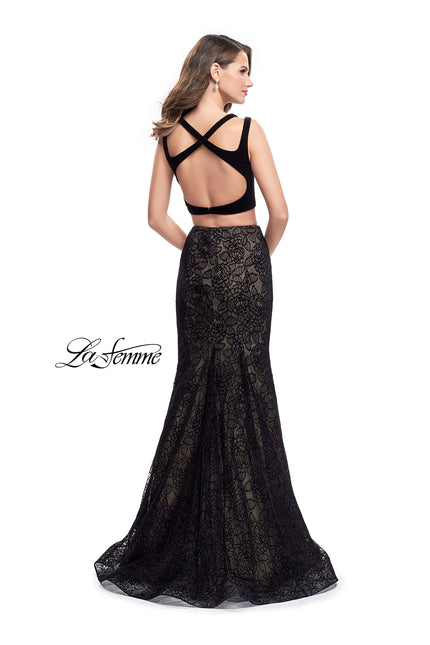 Picture of: Long Two Piece Prom Dress with Velvet Top in Black, Style: 25772, Back Picture