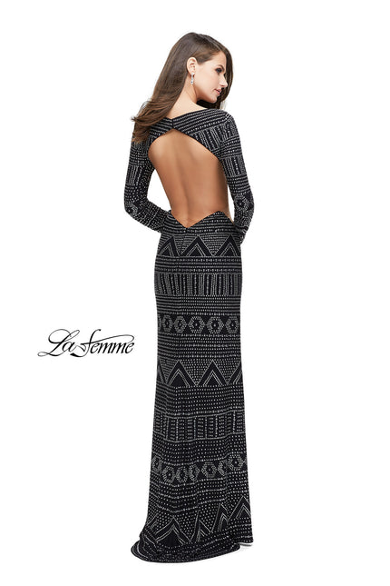 Picture of: Form Fitting Prom Dress with Metallic Studs and Open Back in Black, Style: 25872, Back Picture
