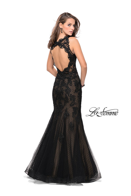 Picture of: Long Polka Dot Tulle Dress with Lace and Beading in Black, Style: 25961, Back Picture