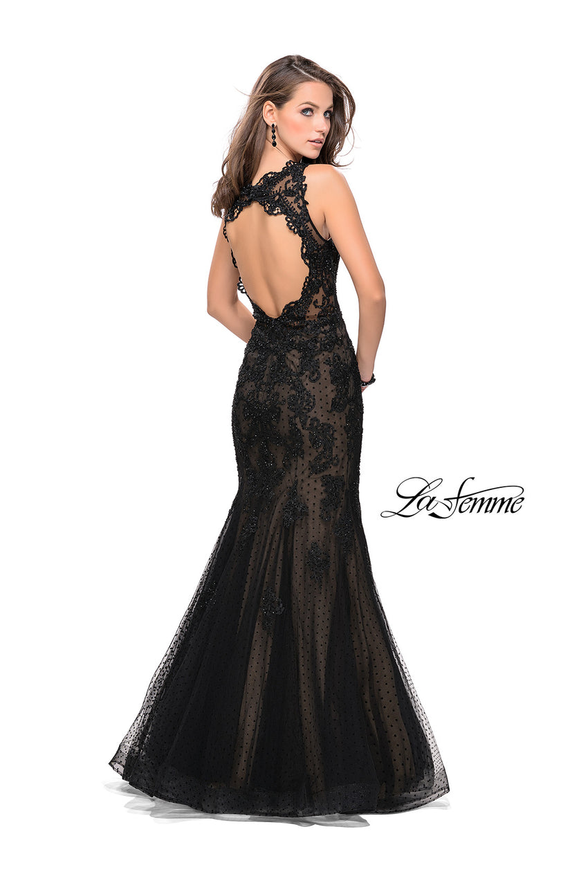 Picture of: Long Polka Dot Tulle Dress with Lace and Beading in Black, Style: 25961, Back Picture