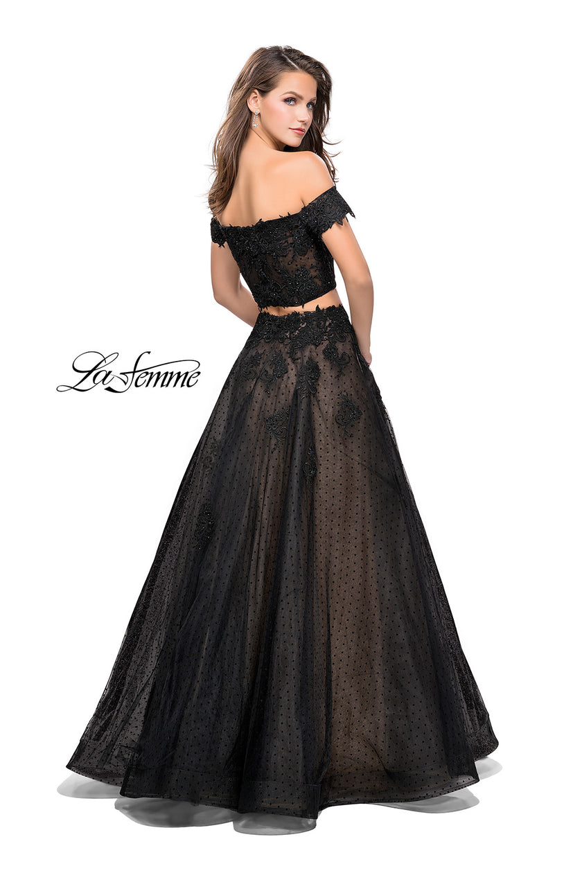 Picture of: Off the Shoulder Two Piece Gown with Polka Dot Print in Black, Style: 26110, Back Picture