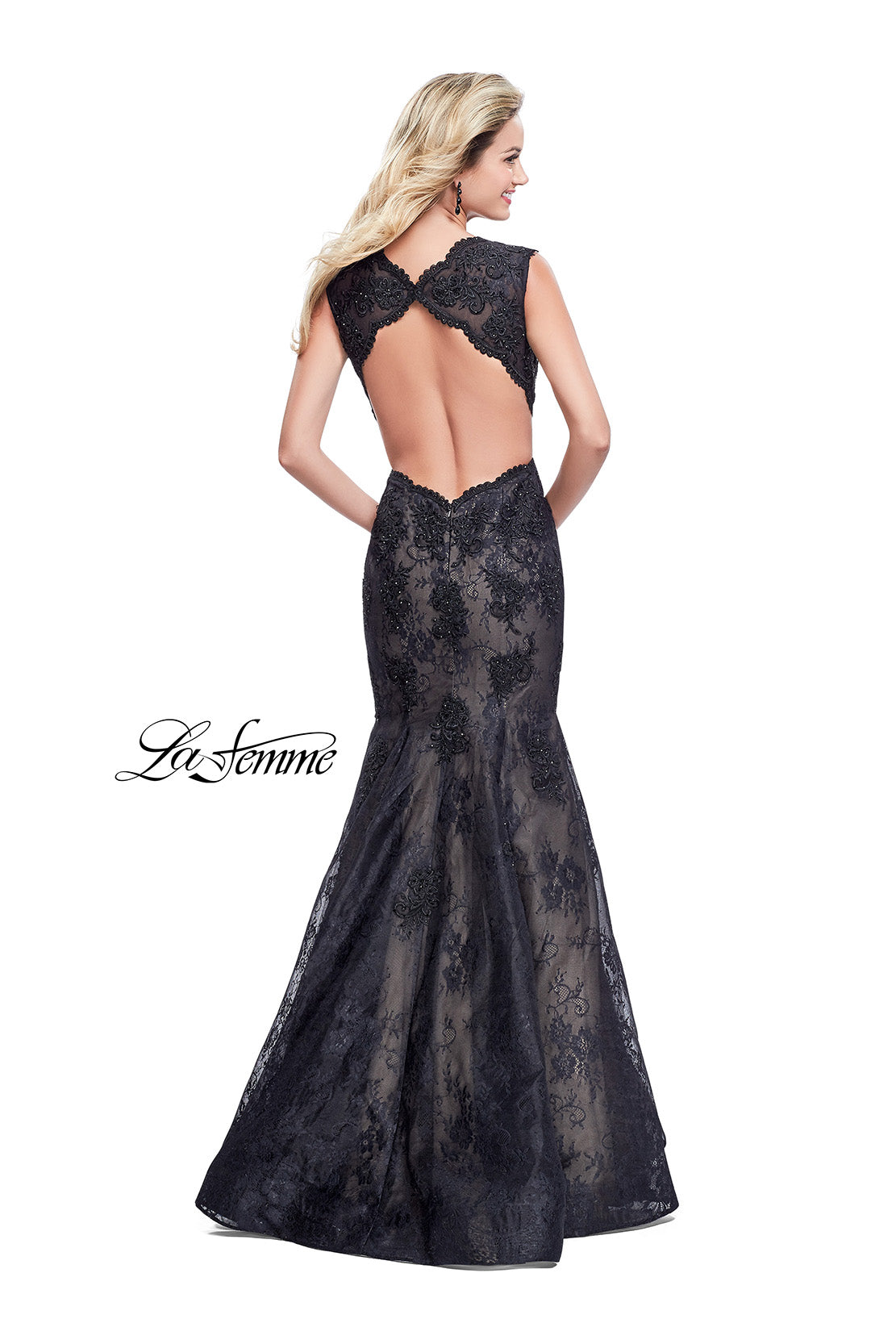 Picture of: Long Beaded Lace Mermaid Prom Dress with Open Back in Black, Style: 26120, Back Picture