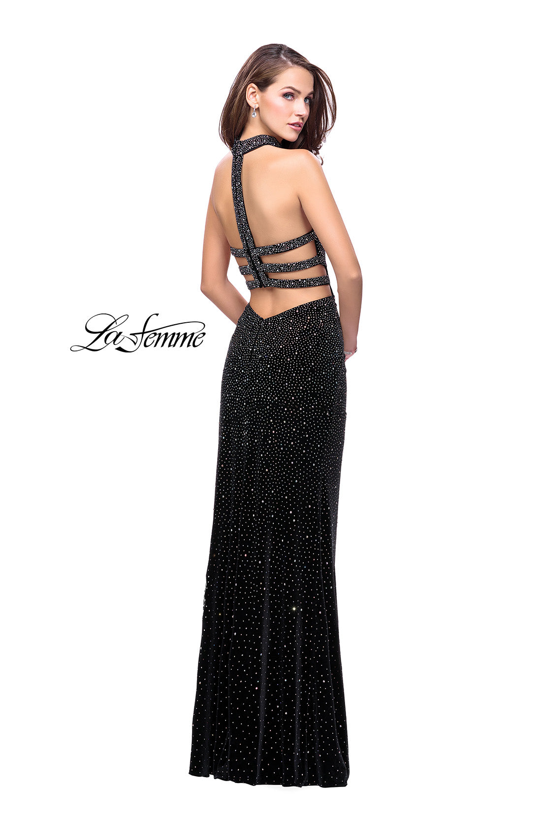 Picture of: Long Strapless Velvet Prom Gown with Cascading Beads in Black, Style: 26239, Back Picture