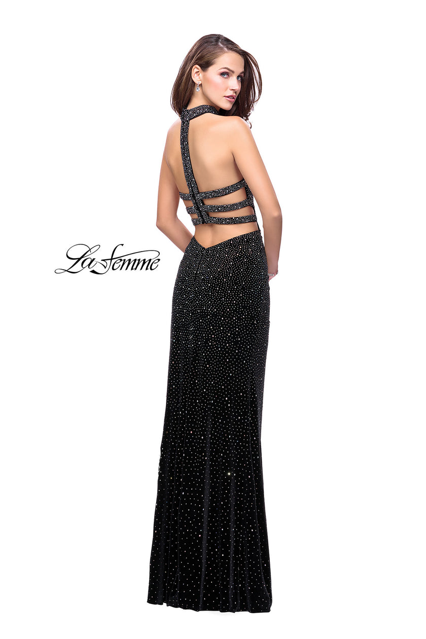 Picture of: Long Strapless Velvet Prom Gown with Cascading Beads in Black, Style: 26239, Back Picture