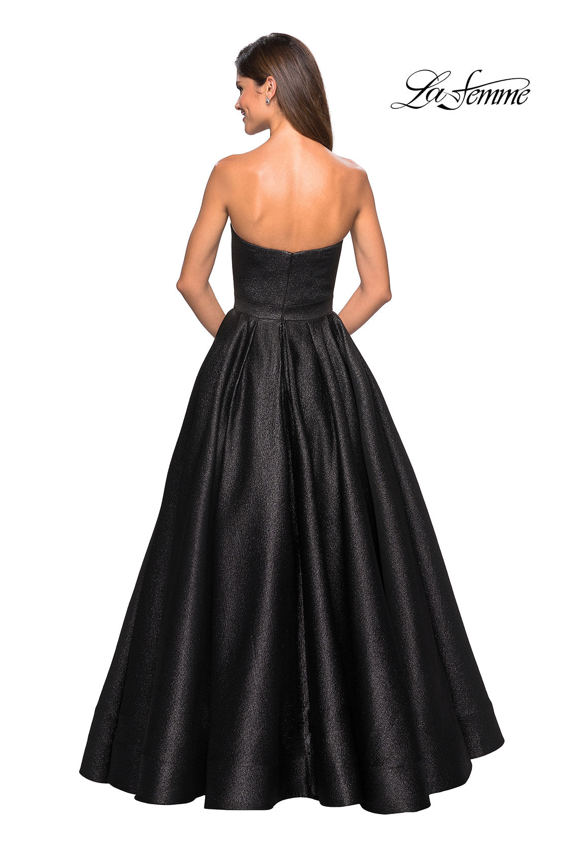 Picture of: Long Metallic Strapless A Line Ball Gown in Black, Style: 27280, Back Picture