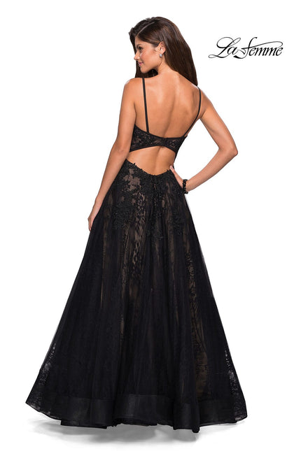 Picture of: Tulle and Lace Long Evening Gown with Pockets in Black, Style: 27488, Back Picture