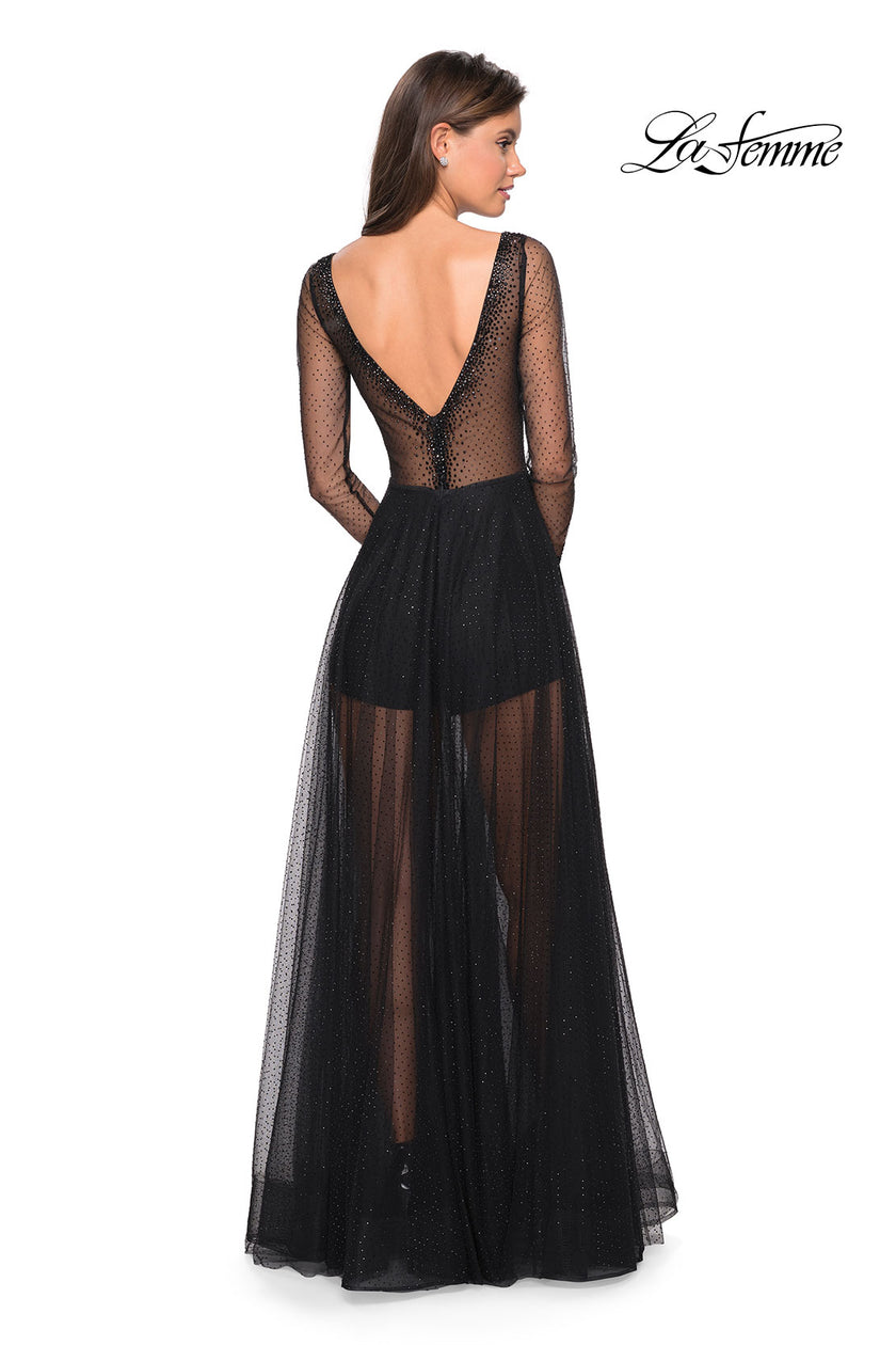 Picture of: Sheer Long Sleeve Gown with Rhinestones and Shorts in Black, Style: 27652, Back Picture
