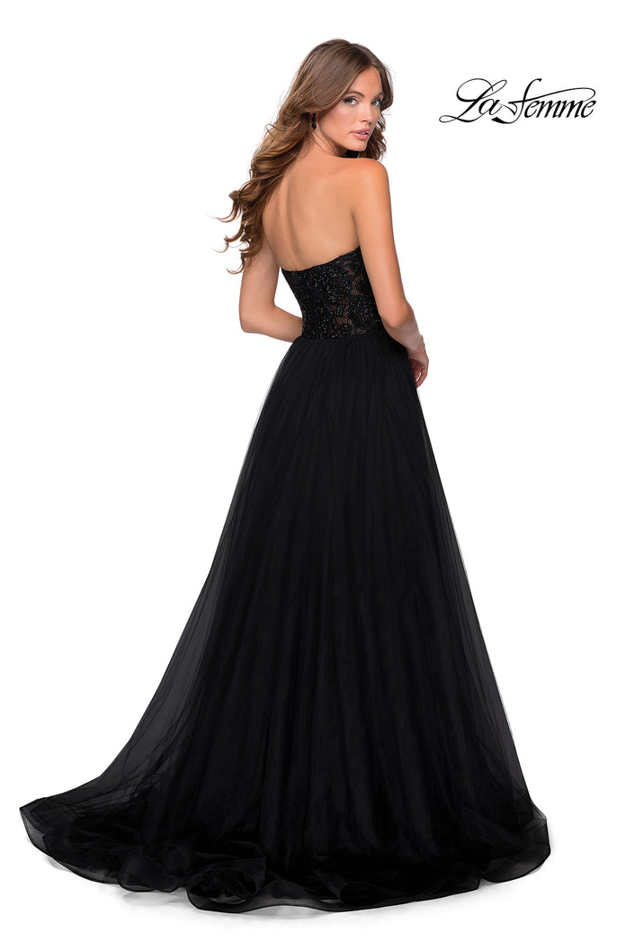 Picture of: Strapless Tulle Dress with Lace Rhinestone Bodice in Black, Style: 28487, Back Picture