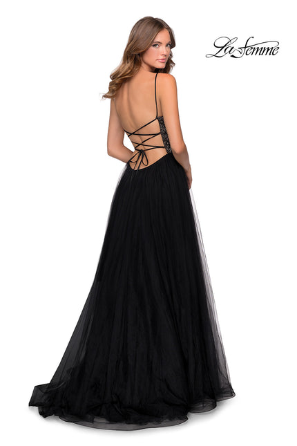 Picture of: Long Tulle Prom Dress with Beaded Bodice in Black, Style: 28535, Back Picture