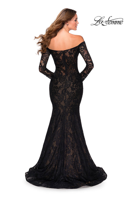 Picture of: Off the Shoulder Lace Long Sleeve Prom Dress in Black, Style: 28569, Back Picture