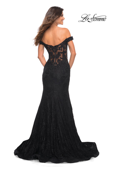 Picture of: Mermaid Lace Off the Shoulder Gown with Sheer Back in Black, Back Picture