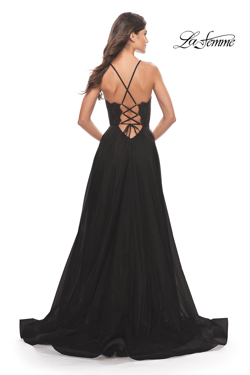 Picture of: Tulle Dress with Full Skirt and Sheer Lace Bodice in Black, Style: 31271, Back Picture