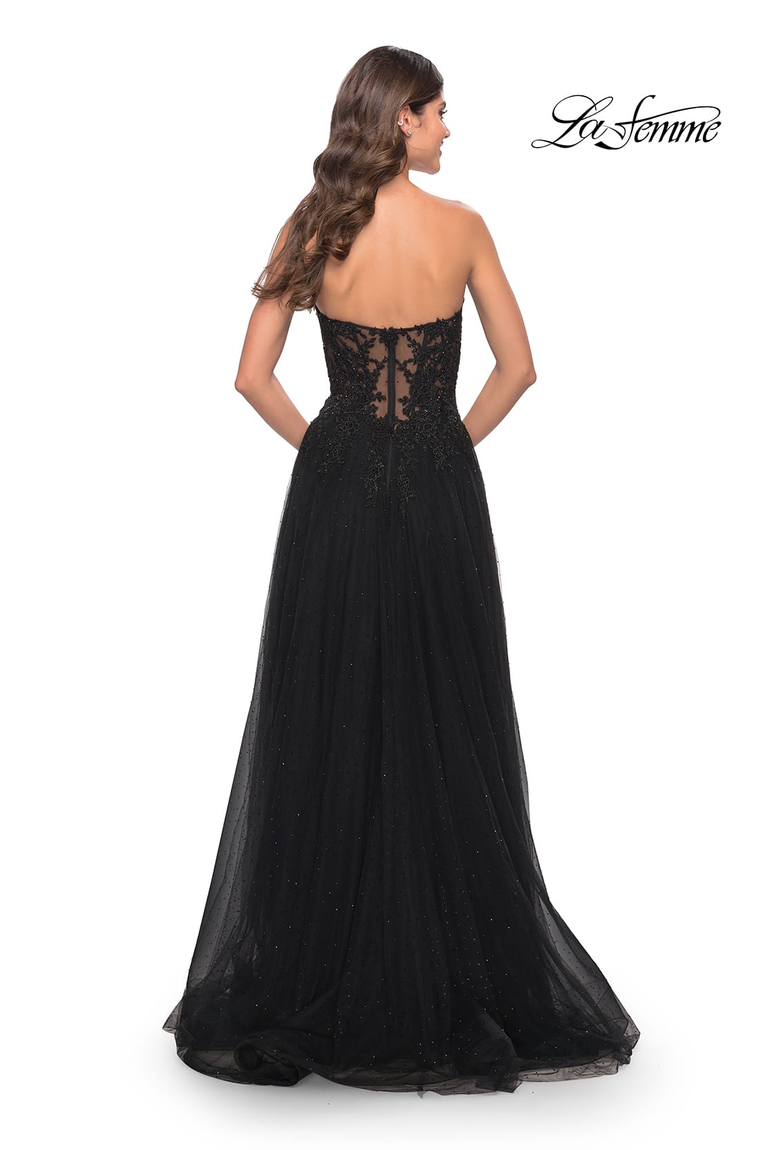 Picture of: Rhinestone Tulle A-Line Gown with Lace Bodice in Black, Style: 31525, Back Picture