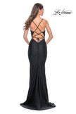 Picture of: Beaded Illusion Top with Ruched Jersey Skirt Prom Dress in Black, Style: 31920, Back Picture