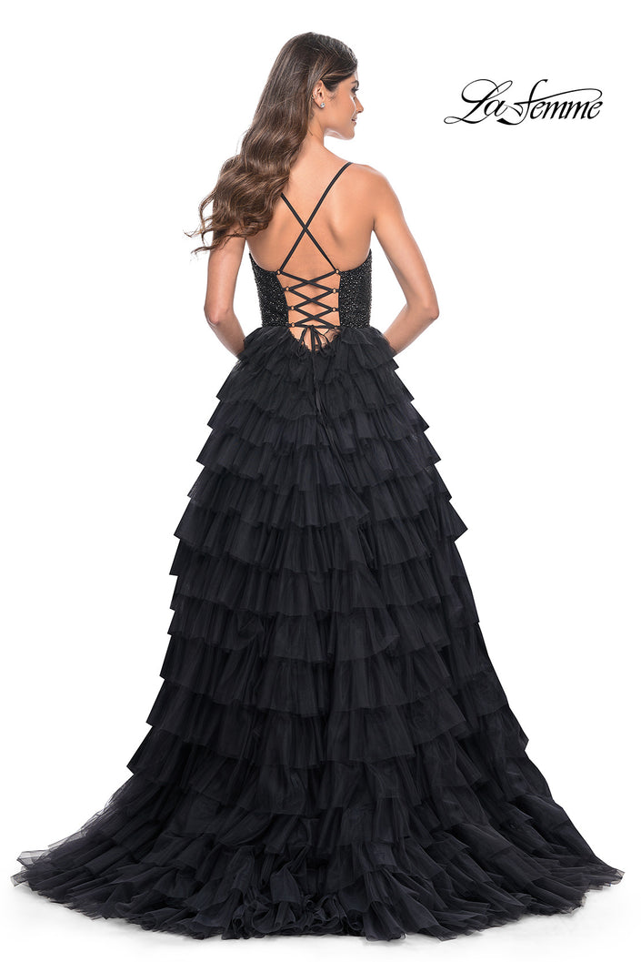 Picture of: Tiered Ruffle Tulle Prom Dress with Rhinestone Embellished Bodice in Black, Style: 32002, Back Picture