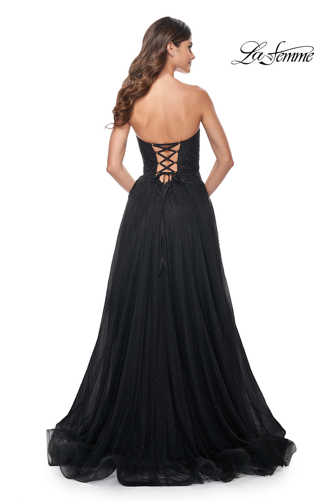 Picture of: Strapless Lace and Tulle Prom Dress with Lace Up Back in Black, Style: 32005, Back Picture