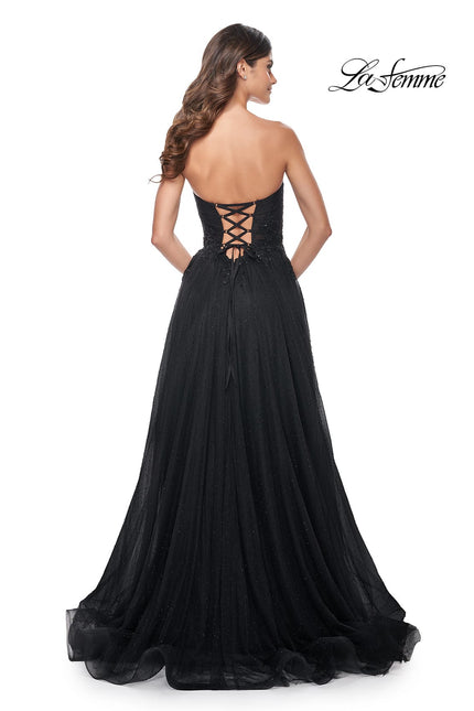 Picture of: Strapless Lace and Tulle Prom Dress with Lace Up Back in Black, Style: 32005, Back Picture