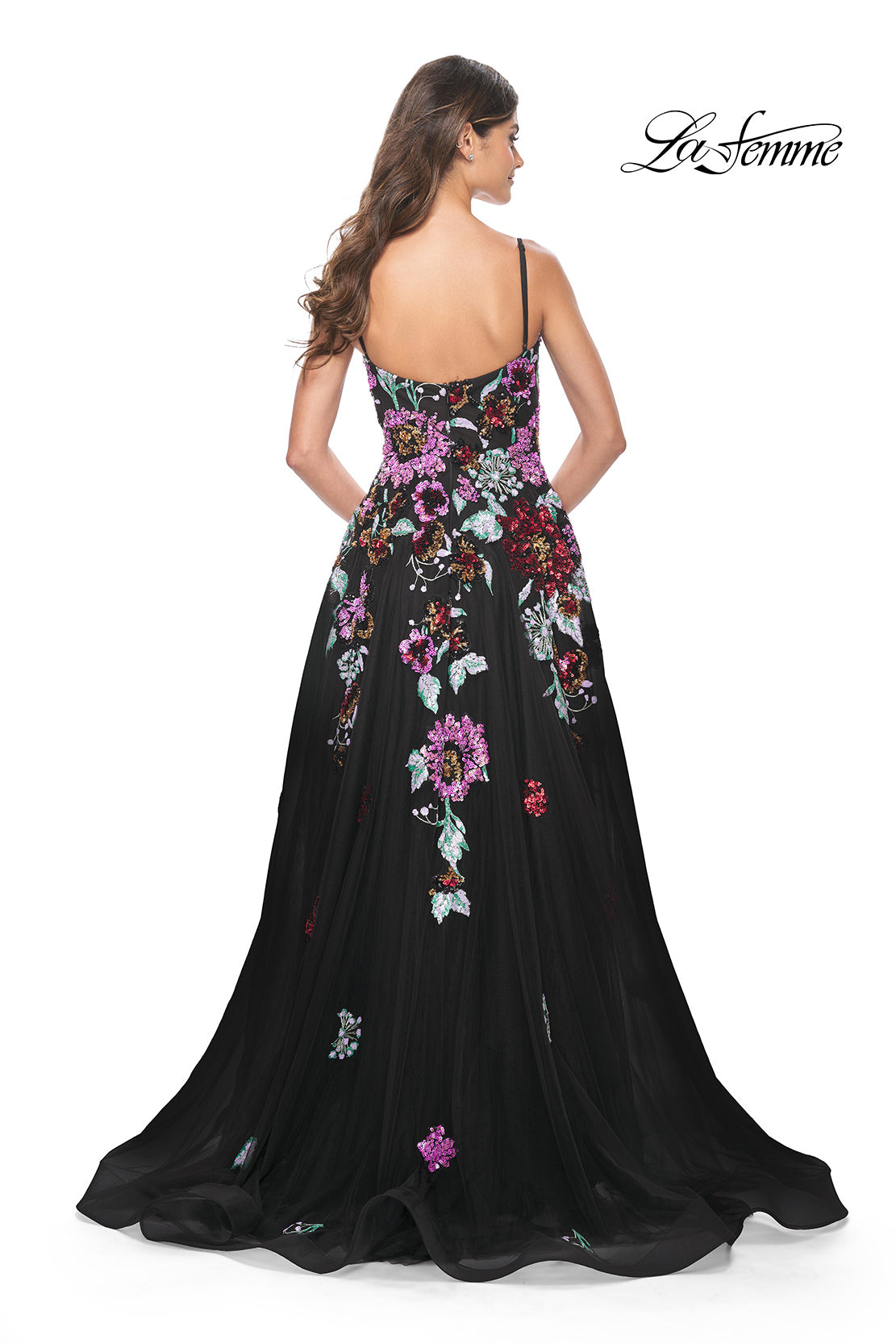 Picture of: Sequin Floral Print A-Line Tulle Gown with High Slit in Black, Style: 32019, Back Picture
