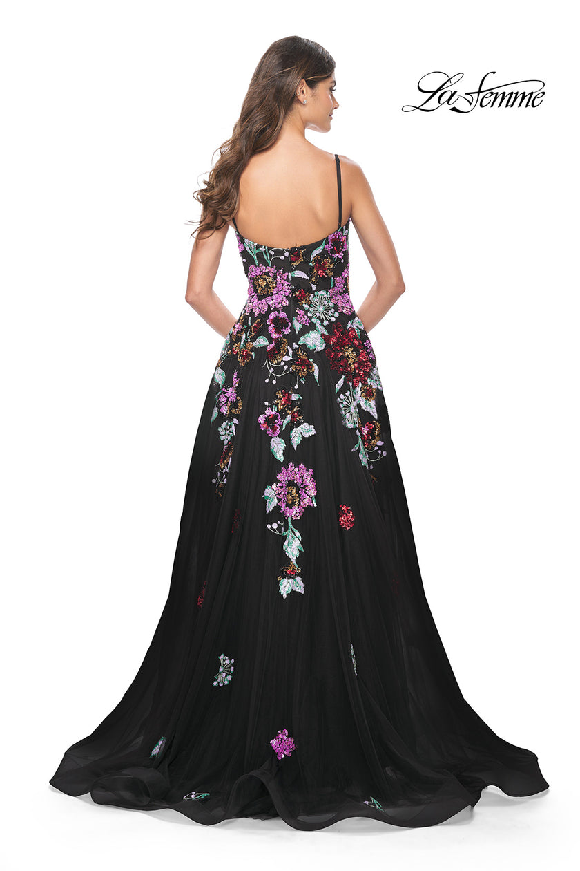 Picture of: Sequin Floral Print A-Line Tulle Gown with High Slit in Black, Style: 32019, Back Picture