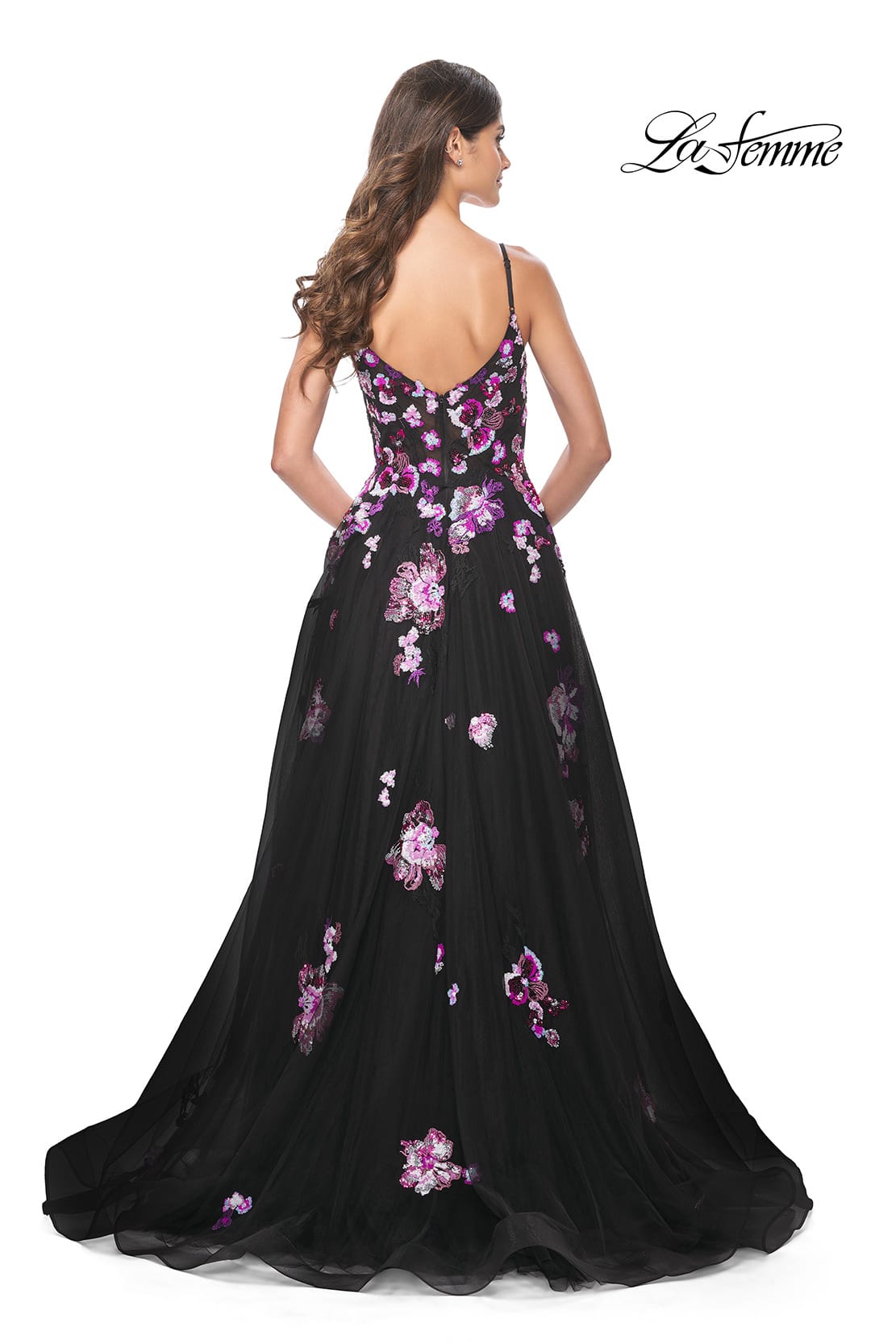 Picture of: Pretty Lace Sequin Embellished Gown with High Slit in Black, Style: 32030, Back Picture