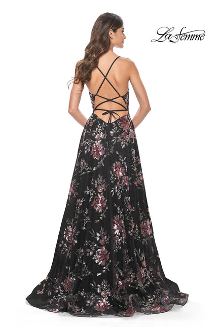 Picture of: Unique Lace Sequin Applique Tulle A-Line Prom Dress in Black, Style: 32031, Back Picture
