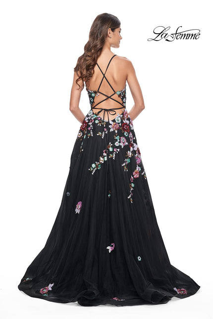 Picture of: Multi Color Sequin Floral Applique A-Line Prom Dress in Black, Style: 32051, Back Picture