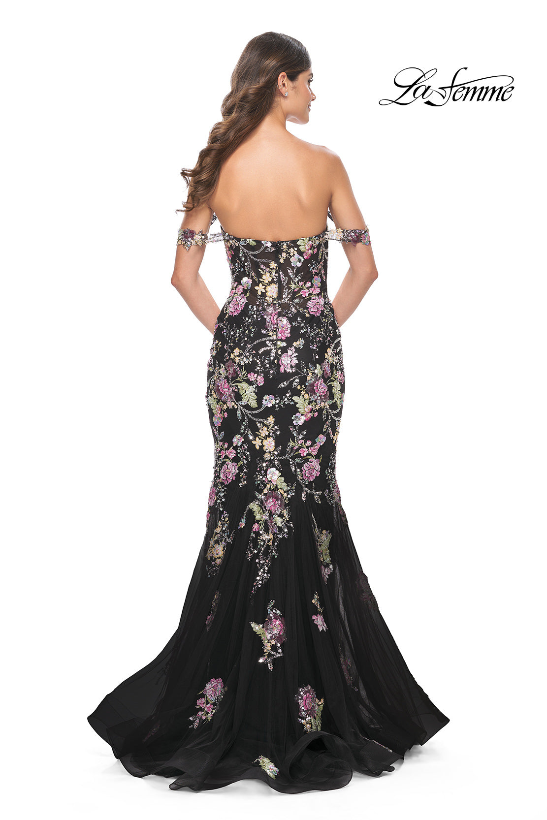 Picture of: Mermaid Prom Dress with Off the Shoulder Sleeve and Unique Sequin Lace in Black, Style: 32087, Back Picture