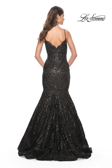 Picture of: Mermaid Print Sequin Dress with Scallop Detail Neckline in Black, Style: 32118, Back Picture