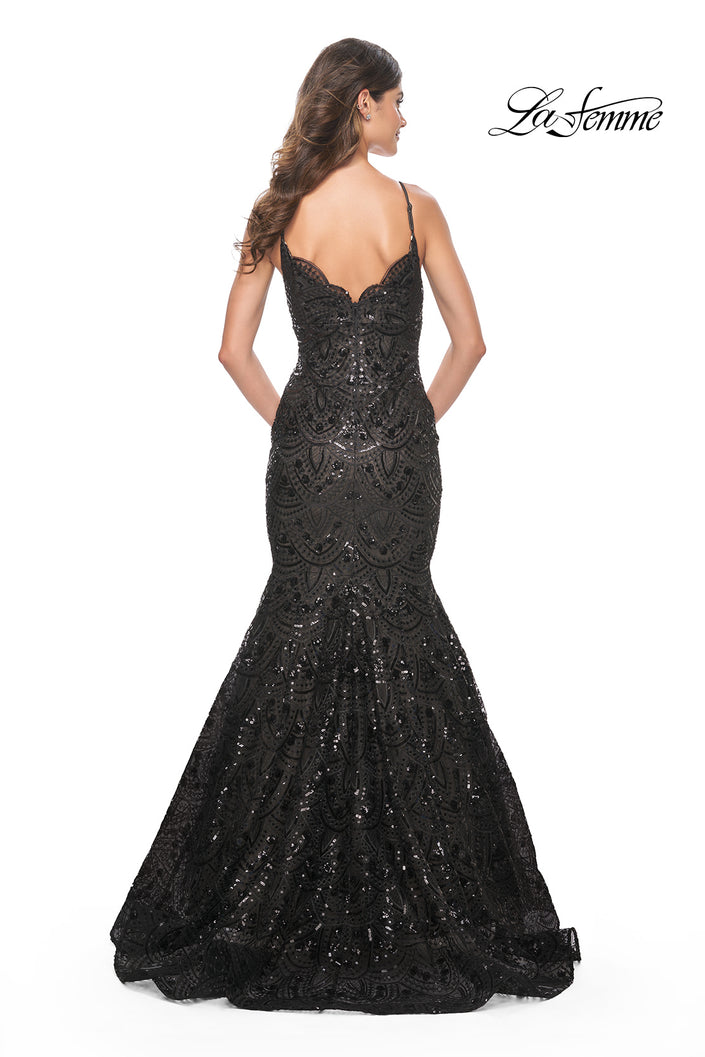 Picture of: Mermaid Print Sequin Dress with Scallop Detail Neckline in Black, Style: 32118, Back Picture