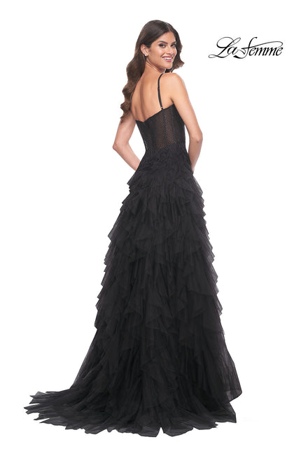 Picture of: Tulle A-Line Dress with Ruffle Skirt and Buster Rhinestone Fishnet Bodice in Black, Style: 32233, Back Picture