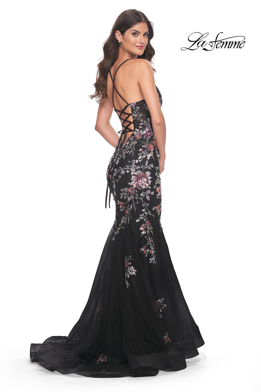 Picture of: Mermaid Dress with Multi Color Sequin Lace Applique in Black, Style: 32246, Back Picture
