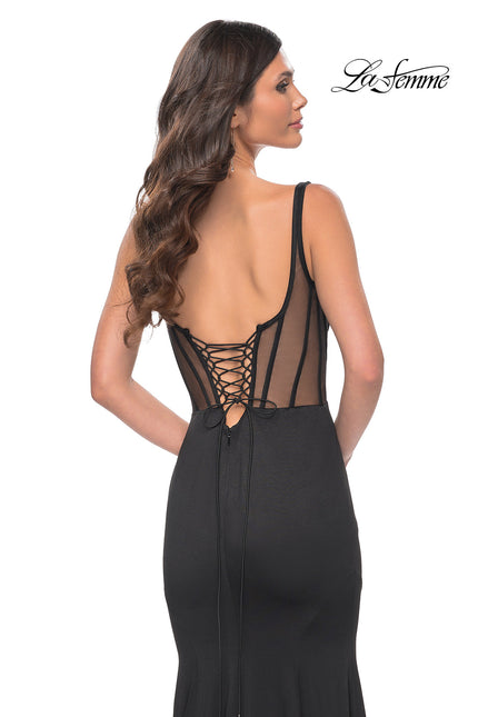Picture of: Mermaid Jersey Gown with Bustier Top and Lace Up Back in Black, Style: 32268, Back Picture