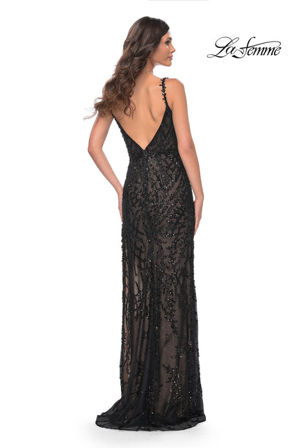 Picture of: Beaded Gown with Intricate Design and V Neckline in Black, Style: 32450, Back Picture
