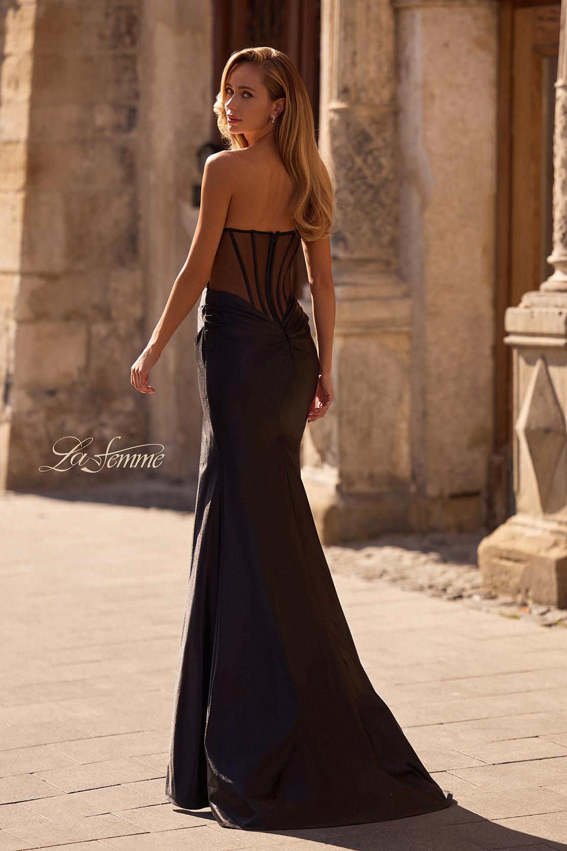 Picture of: Strapless Stretch Satin Dress with Sheer Corset Back in Black , Style 32649, Back Picture