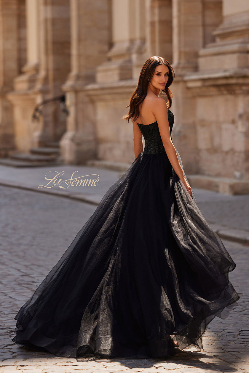 Picture of: Strapless A-line Dress with Full Rhinestone Top in Black , Style 32690, Back Picture