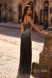 Picture of: Rhinestone Embellished Fitted Prom Dress with Corset and Deep V in Black , Style 32717, Back Picture
