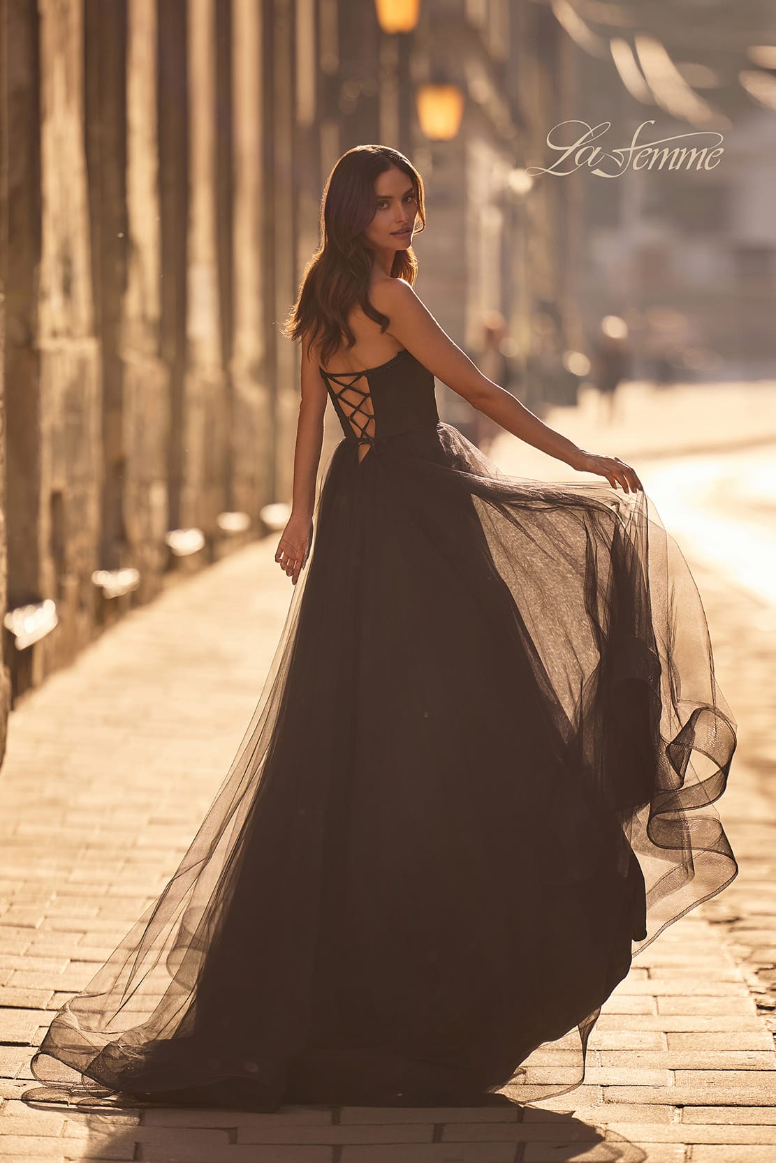 Picture of: A-line Tulle Dress with Satin Top and Rhinestone Neckline in Black , Style 32731, Back Picture