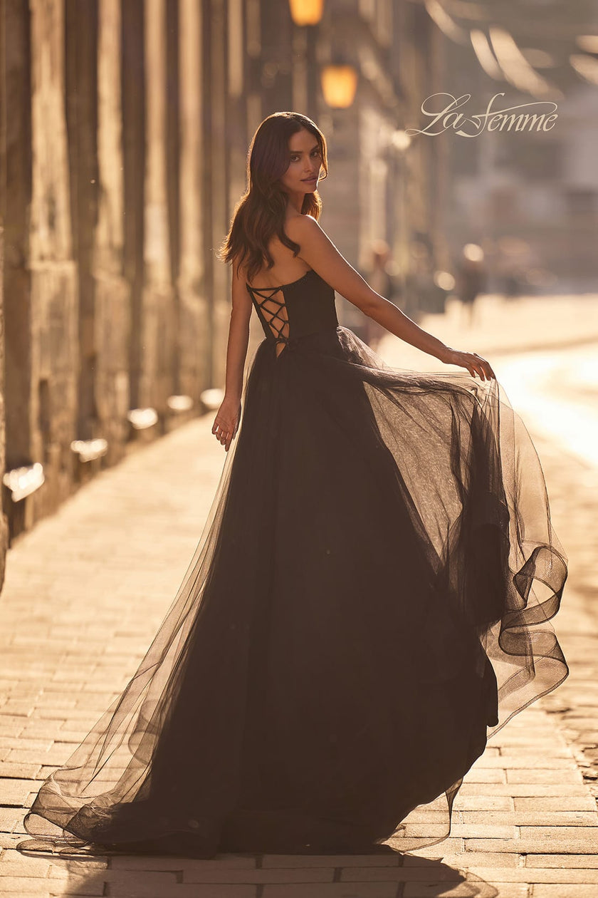 Picture of: A-line Tulle Dress with Satin Top and Rhinestone Neckline in Black , Style 32731, Back Picture