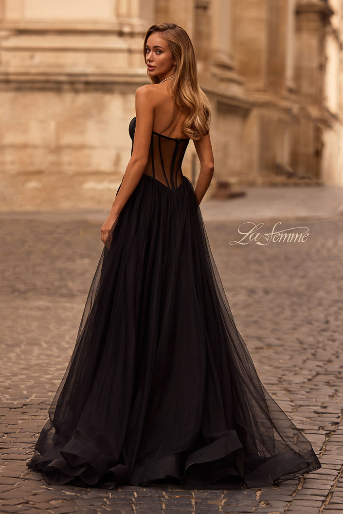 Picture of: Strapless Tulle Evening Dress with Basque Waist and Satin Bodice in Black , Style 32771, Back Picture