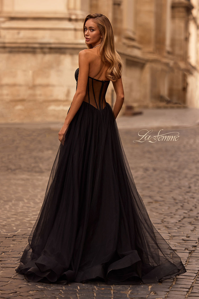 Picture of: Strapless Tulle Evening Dress with Basque Waist and Satin Bodice in Black , Style 32771, Back Picture