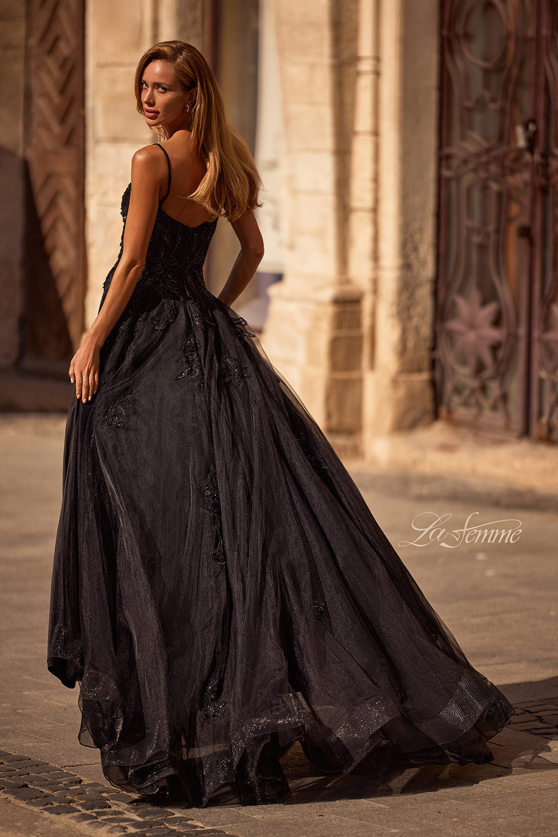 Picture of: Gorgeous A-line Tulle Gown with Beaded Floral Applique in Black , Style 32781, Back Picture