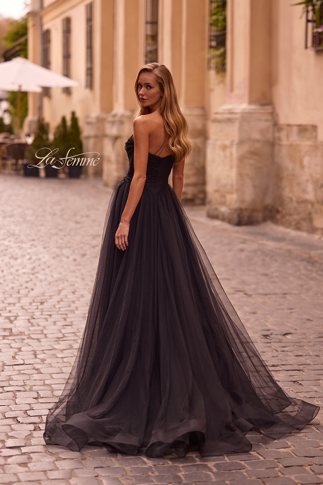 Picture of: Strapless A-line Tulle Dress with Floral Waist Detail in Black , Style: 32789, Back Picture