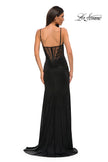 Picture of: Illusion Lace Top Prom Dress with Ruched Jersey Skirt in Black , Style 32803, Back Picture