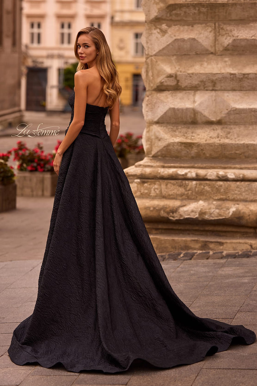 Picture of: Textured Jacquard Evening Gown with Strapless Top in Black , Style: 32893, Back Picture