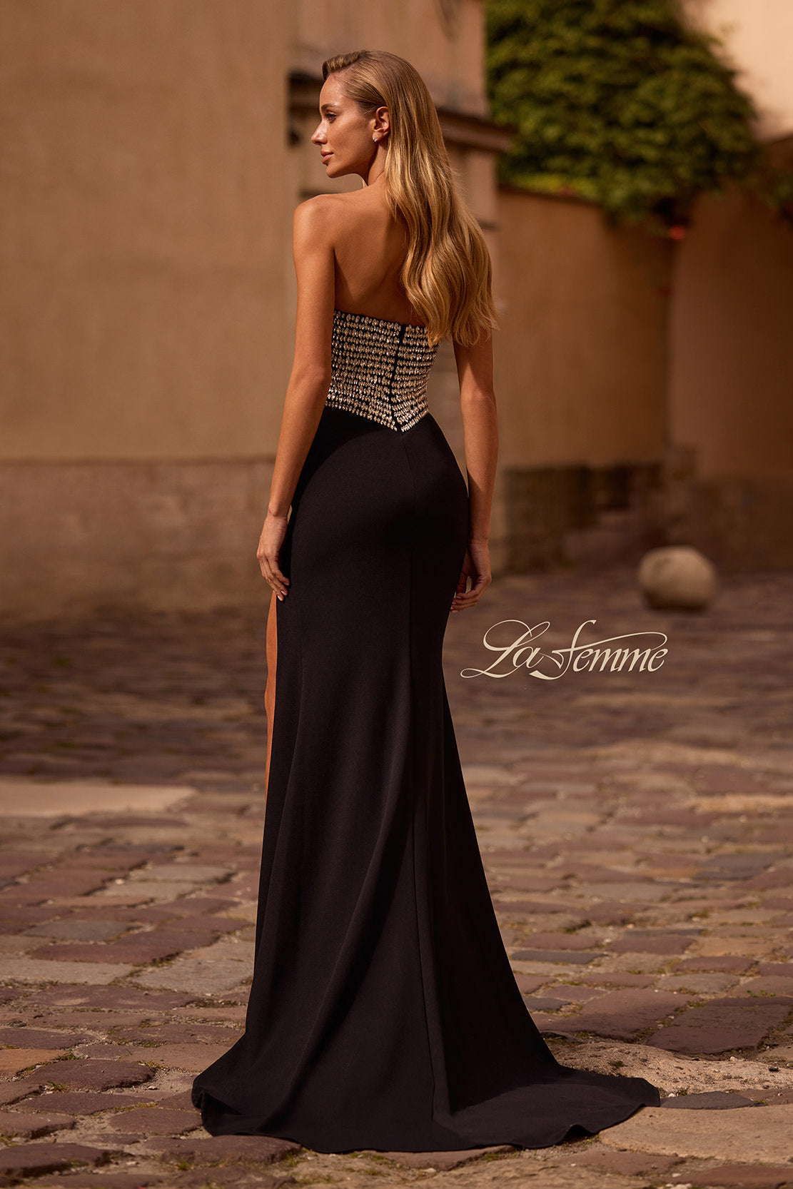 Picture of: Stunning Rhinestone Beaded Top Evening Dress with Jersey Skirt in Black , Style: 32910, Back Picture