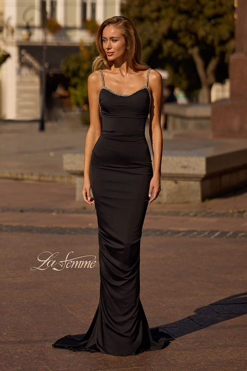 Picture of: Ruched Long Prom Dress with Low Back and Rhinestone Details in Black , Style 32970, Back Picture