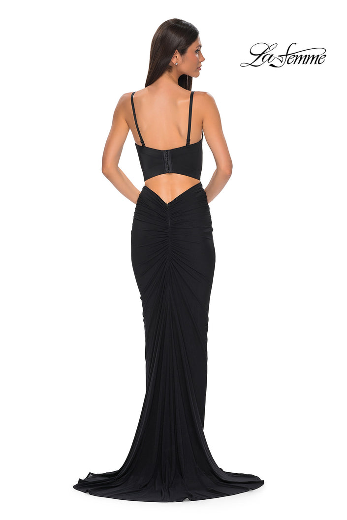 Picture of: Fitted Prom Dress with Ruching and Corset Bra Top in Black , Style 32996, Back Picture