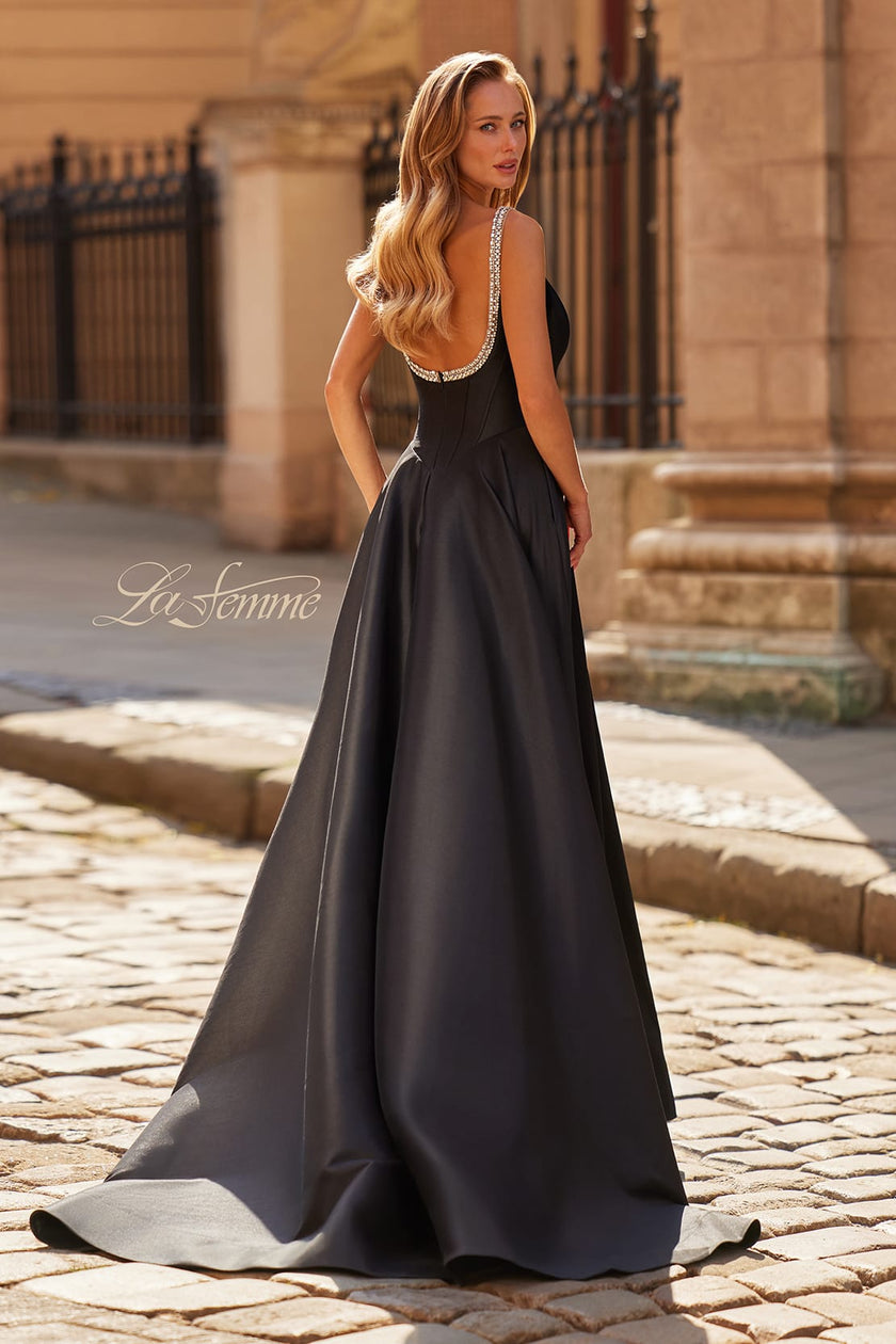 Picture of: Elegant A-Line Evening Gown with Beaded Straps and High Slit in Black, Style: 33106, Back Picture