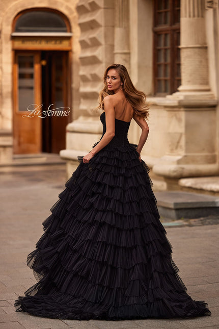 Picture of: Strapless Tiered Ruffle Gown with Pleated Bodice and Front Slit in Black, Style: 33202, Back Picture