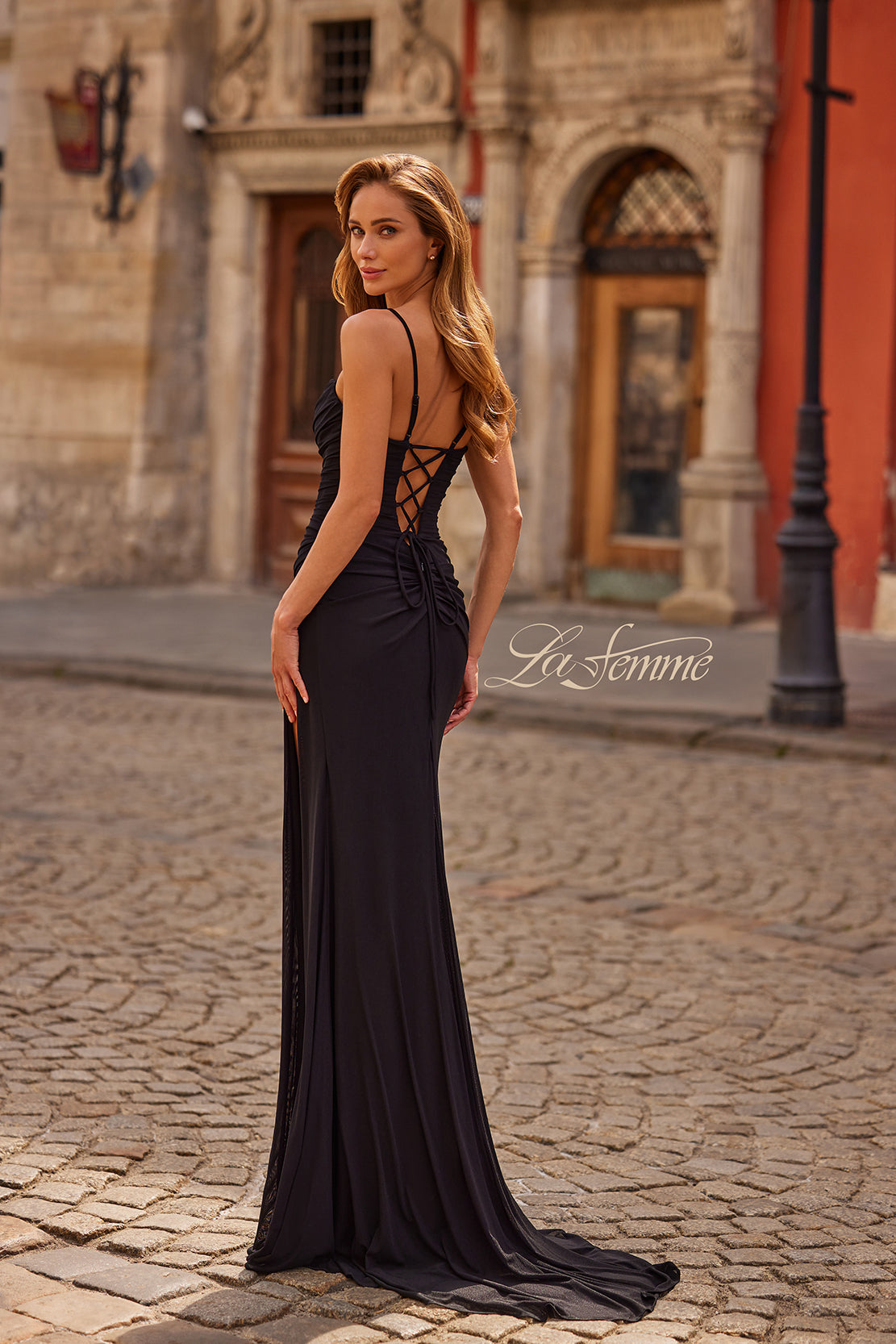 Picture of: Ruched Jersey Gown with Lace-Up Back and High Slit in Black, Style: 33298, Back Picture